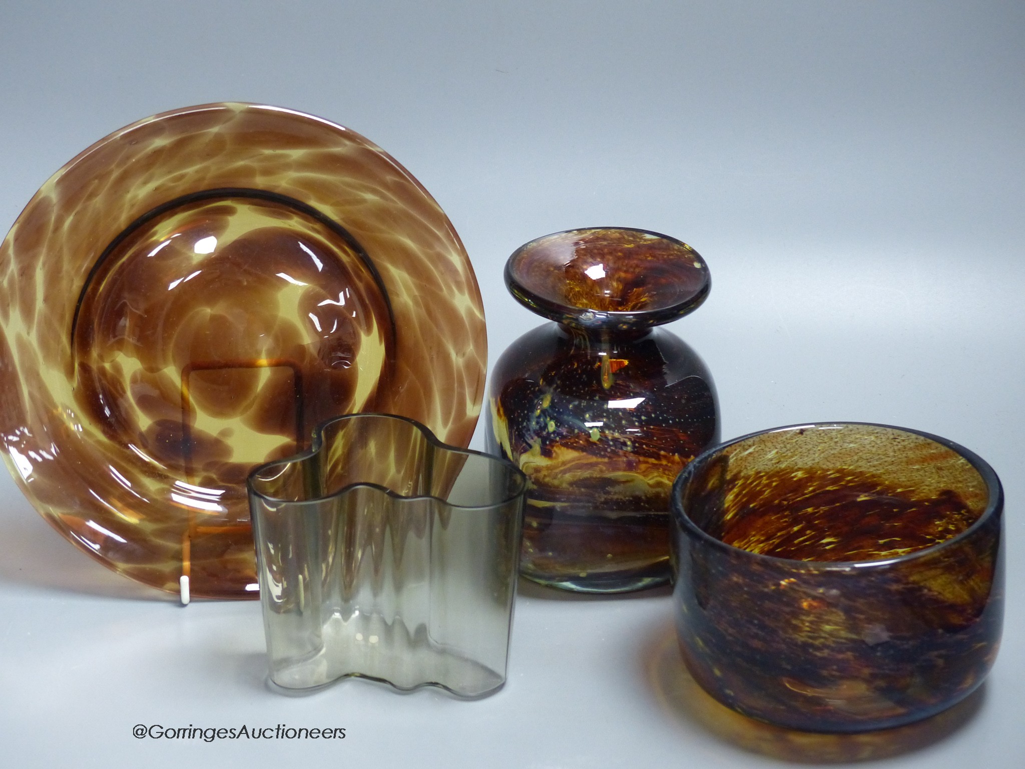 A Mdina glass bowl, together with an Alvar Aalto vase and two other pieces of glass